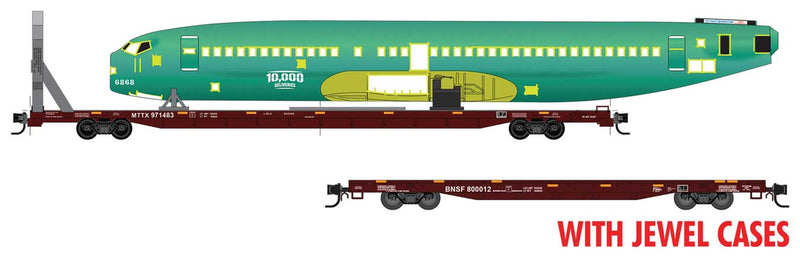 89' & 60' Flatcar w/Boeing Fuselage Load - Ready to Run -- BNSF #800012 & MTTX #971483 (Boeing Load Kit for 10,000th Fuselage)
