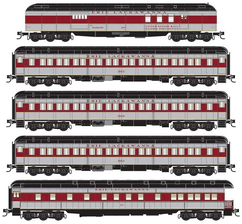 Heavyweight Baggage-RPO, 3 Coach, Observation Set - Ready to Run -- Erie Lackawanna #670, 2652, 2659, 2663, 97 (gray, maroon, black)