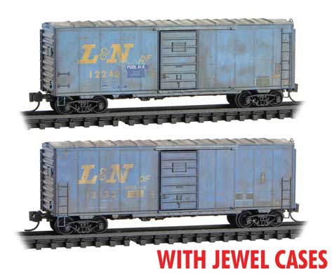 40' Single-Door Boxcar No Roofwalk 2-Pack w/Jewel Cases - Ready to Run -- Louisville & Nashville #12240, 12133 (Weathered, blue, yellow)