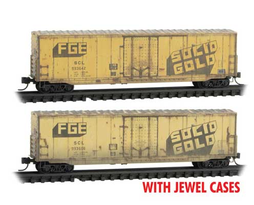 50' Boxcar w/8' Plug Door No Roofwalk 2-Pack Jewel Cases - Ready to Run -- Fruit Growers Express SCL #993642, 993606 (Weathered, yellow, Solid Gold Slo