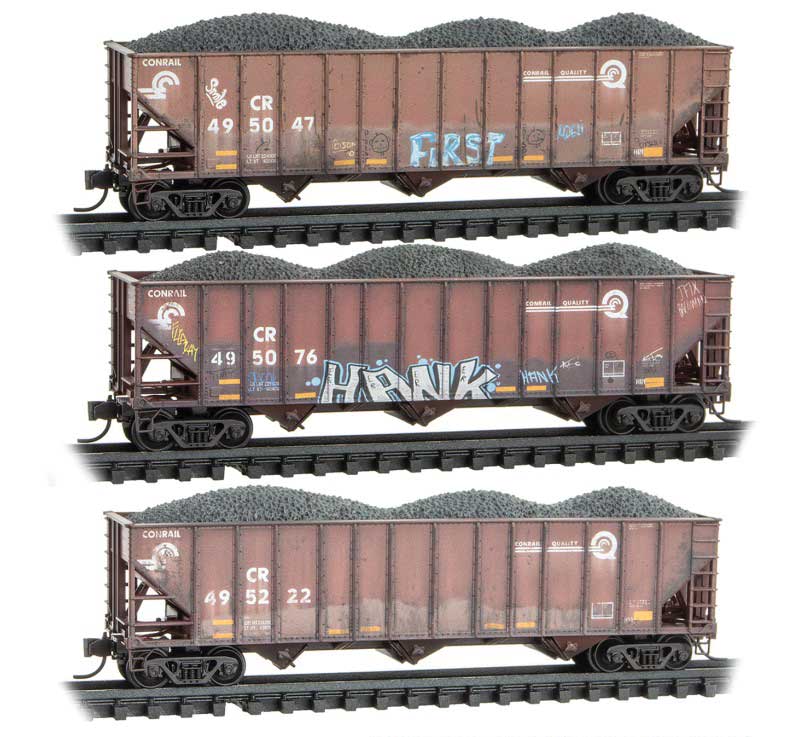 100-Ton 3-Bay Ribside Open Hopper w/Coal Load, Jewel Case 3-Pack  - Ready t -- Conrail #495047, 495076, 495222 (Weathered, Boxcar Red, Graffiti, Jewel Case