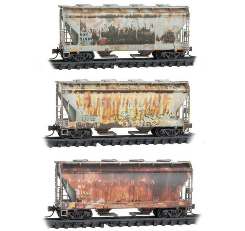 ACF 39' 2-Bay Center-Flow Covered Hopper Round Hatch Jewel Case 2-Pack RTR -- Southern Railway #91809, 91165, 91849 (Weathered, gray)