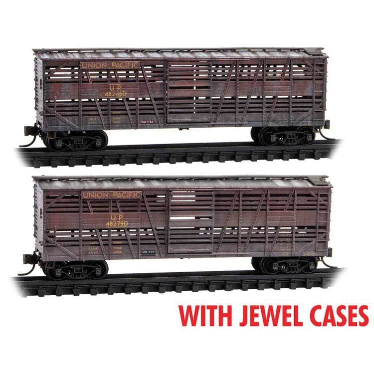 40' Despatch Stock Car 2-Pack Jewel Cases - Ready to Run -- Union Pacific #47470D, 47483D (Weathered, yellow, red, silver)