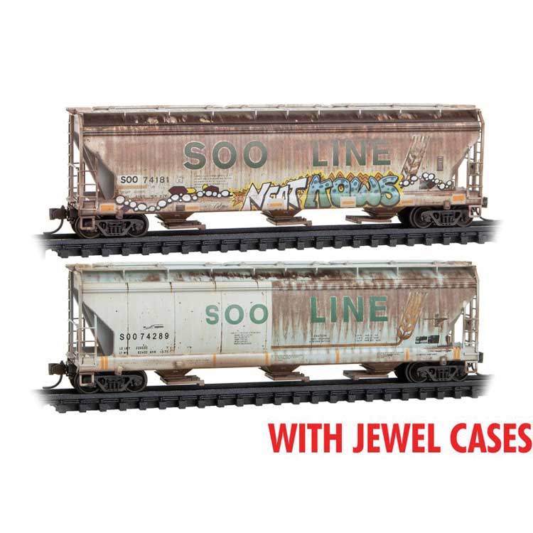 ACF 3-Bay Center Flow Covered Hopper, Hatches 2-Pack, Foam Nest - Ready to R -- Soo Line #74181, 74289 (Weathered, gray, green, yellow, graffiti)
