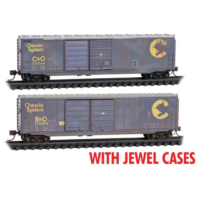 50' Double-Door Boxcar, No Roofwalk, Short Ladders 2 Pack - Ready to Run -- Chessie System C&O #22244, B&O #475598 (Weathered, blue, yellow)