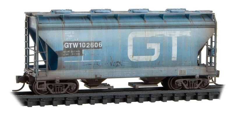 ACF 39' 2-Bay Center-Flow Covered Hopper w/Round Hatch 2-Pack - Ready to Run -- Grand Trunk Western #102606, 102611 (Weathered, blue, white)-1