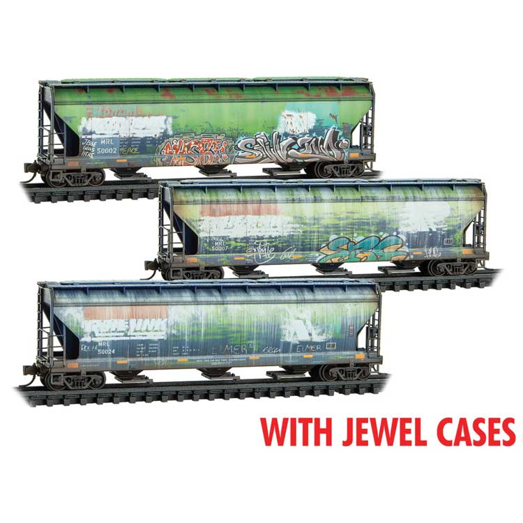 ACF 3-Bay Center Flow Covered Hopper w/Elongated Hatches 3-Pack - Ready to Run -- Montana Rail Link #50024, 50007, 50002 (Weathered, blue, green, graffiti)