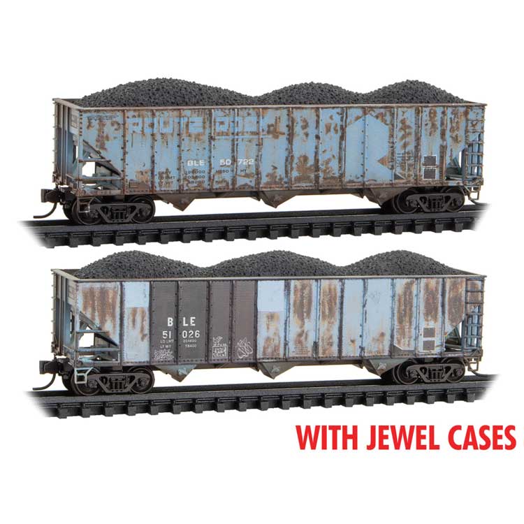 100-Ton 3-Bay Ribside Open Hopper w/Coal Load 2-Pack - Ready to Run -- Bessemer & Lake Erie #51026, 50772 (Weathered, Ex-RI, blue, black, graffiti)