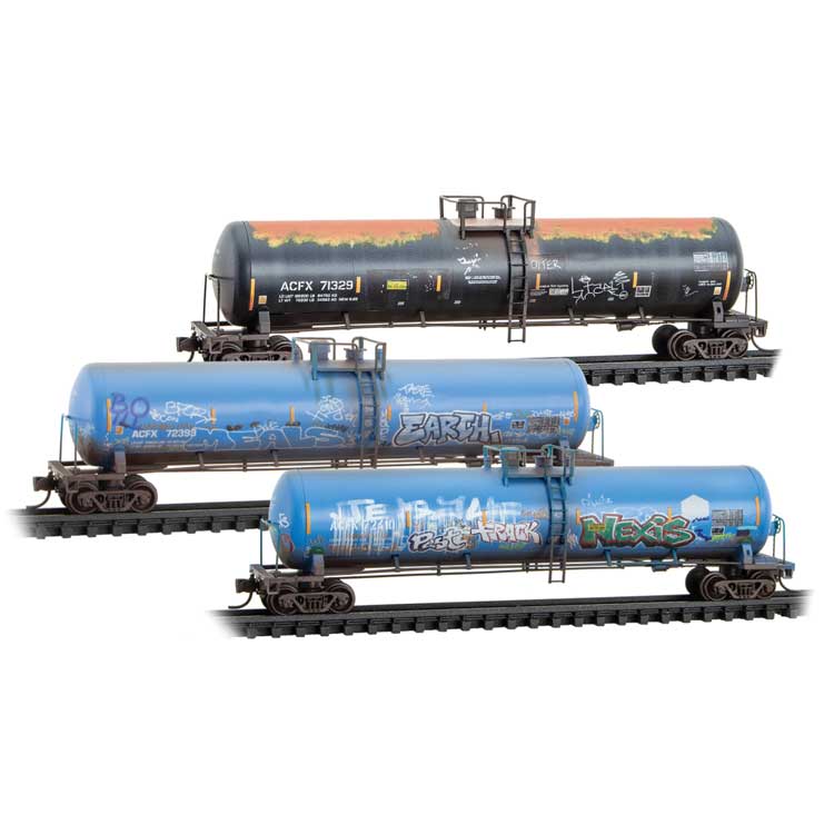 56' General-Service Tank Car 3-Pack - Ready to Run -- ACFX #71329, 72393, 72410 (Weathered, 2 blue & 1 black car, graffiti)