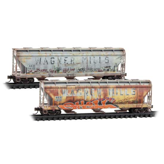 ACF 3-Bay Center Flow Covered Hopper w/Round Hatches - Ready to Run -- The Andersons AEX #1412, 1413 (Ex-Wagner Mills, weathered, gray, graffiti)-1