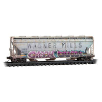 ACF 3-Bay Center Flow Covered Hopper w/Round Hatches - Ready to Run -- The Andersons AEX #1412, 1413 (Ex-Wagner Mills, weathered, gray, graffiti)
