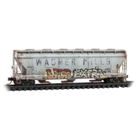 ACF 3-Bay Center Flow Covered Hopper w/Round Hatches - Ready to Run -- The Andersons AEX #1412, 1413 (Ex-Wagner Mills, weathered, gray, graffiti)