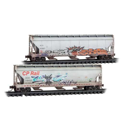 ACF 3-Bay Center Flow Covered Hopper w/Elongated Hatch 2-Pack - Ready to Run -- Canadian Pacific SOO #116400, KCS #312861 (Weathered, gray, Graffiti)