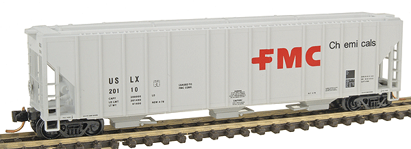 Evans 100-Ton 3-Bay Covered Hopper w/Elongated Hatches, Barber Roller Brng T -- FMC #USLX 20110 (light gray, large red FMC logo, black lettering)