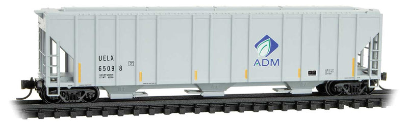Evans 100-Ton 3-Bay Covered Hopper - Ready to Run -- Archer-Daniels-Midland UELX #65098 (gray, Leaf Logo, yellow conspicuity mark