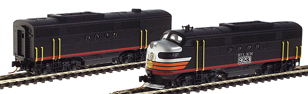 Diesel EMD FT A/B Set Powered -- Cotton Belt #923 ("Black Widow" black, silver, orange, red)