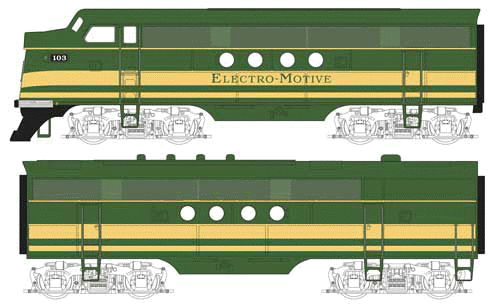 Diesel EMC FT A-B Set Powered -- Electro-Motive Demonstrator Units (green, yellow, black lettering)