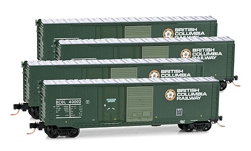 50' Plug & Sliding Door Boxcar No Roofwalk 4-Car Runner Pack - Ready to Run -- British Columbia Railway #40002, 40054, 40166, 40178 (green, Dogwood Logo)