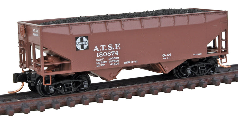 33' 2-Bay Offset Side Hopper w/Load 4-Car Runner Pack - Ready to Run -- Santa Fe #180801, 180802, 180826, 180874 (Boxcar Red, black, Square Logo)