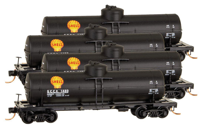 39' Single-Dome Tank Car 4-Car Runner Pack - Ready to Run -- Shell Oil SCCX #1480, 1496, 1535, 1548 (black, yellow Shell Logo)