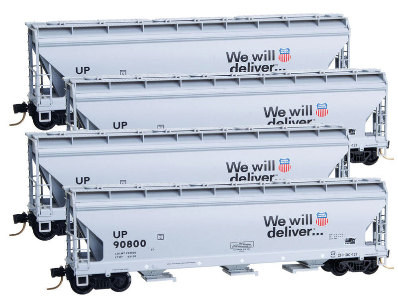 ACF 3-Bay Center Flow Covered Hopper w/Elongated Hatches 4-Pack - Ready to Run -- Union Pacific #90800, 90806, 90852, 90884 (gray, black, We Will Deliver Slog