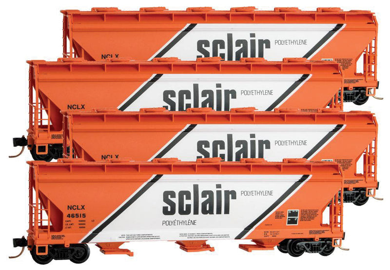 ACF 3-Bay Center Flow Covered Hopper w/Round Hatches - Ready to Run -- Sclair #46510, 46515, 46526, 46548 (orange, whire, black)
