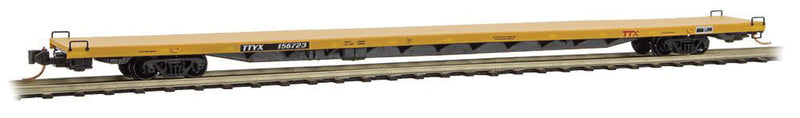 89'4" Flat-Deck Flatcar - Ready to Run -- TTX #156723, 157215, 157480 (yellow, black, 2010s maroon Logo)-1