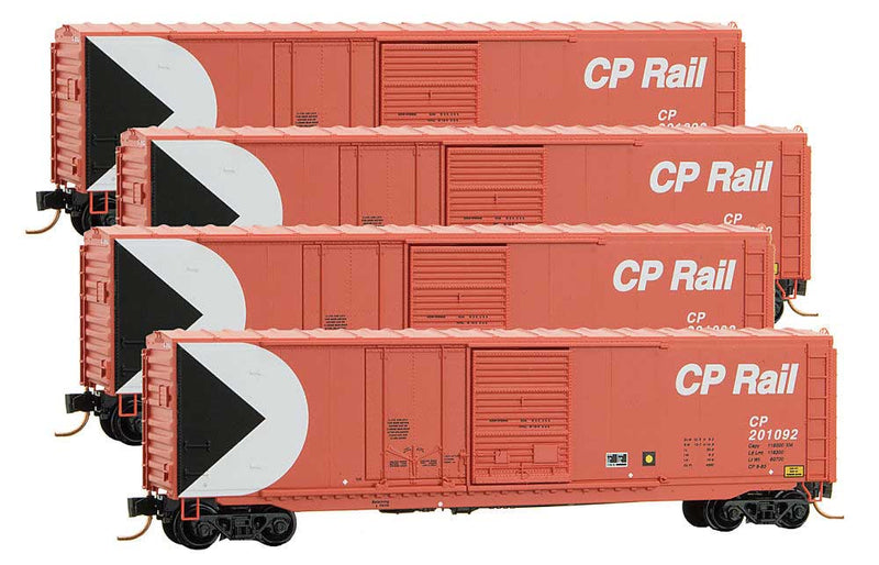 50' Plug & Sliding Door Boxcar No Roofwalk 4-Pack - Ready to Run -- Canadian Pacific #201092, 201096, 201100, 201108 (red, white, Multimark Logo