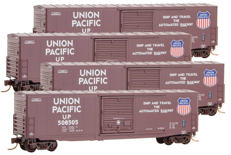 50' Single-Door Boxcar 4-Pack - Ready to Run -- Union Pacific #508505, 508508, 508522, 508526 (Boxcar Red, Automated Railway