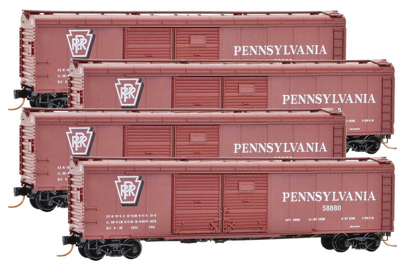 50' Wagon-Top Double-Door Boxcar 4-Pack - Ready to Run -- Pennsylvania Railroad 58880, 58965, 58986, 58988 (Tuscan, Shadow Keystone)