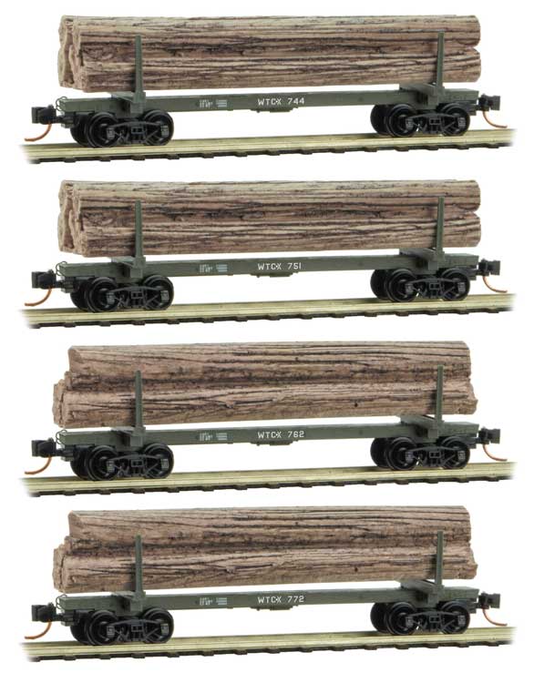 30' Skeleton Log Car with Log Load 4-Pack - Ready to Run -- Weyerhaeuser WTCX #744, 751, 762, 772 (green)-1