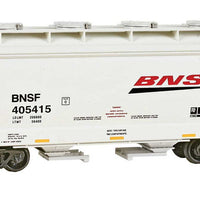 ACF 39' 2-Bay Center-Flow Covered Hopper 4-Pack - Round Hatches - Ready to Run -- BNSF Railway 405410, 405415, 405428, 405437 (gray, orange, black, Wedge Logo