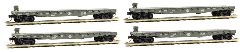 50' Fishbelly-Side Flatcar with Side-Mount Brake Wheel 4-Pack - Ready to Run -- U.S. Army 38022, 38069, 38119, 38224 (green, USATC Logo)