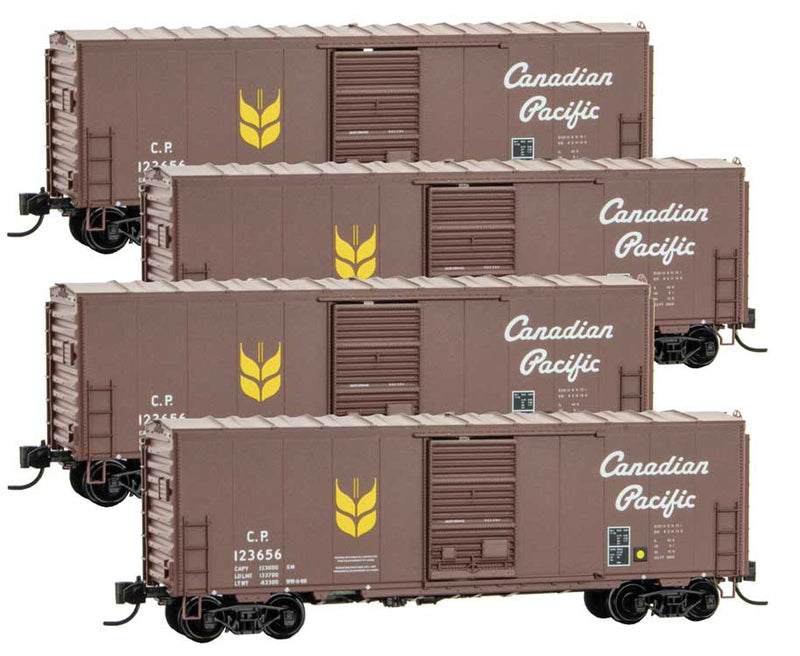 40' Single-Door Boxcar No Roofwalk, Short Ladders 4-Pack - Ready to Run -- Canadian Pacific 123649, 123656, 123663, 123670 (Boxcar Red, Script, Wheat)