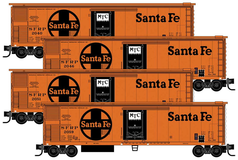 51' 3-3/4" Riveted-Side Mechanical Reefer 4-Pack - Ready to Run -- Santa Fe 2040, 2046, 2051, 2059 orange, black, Large Logo, MTC Logo)