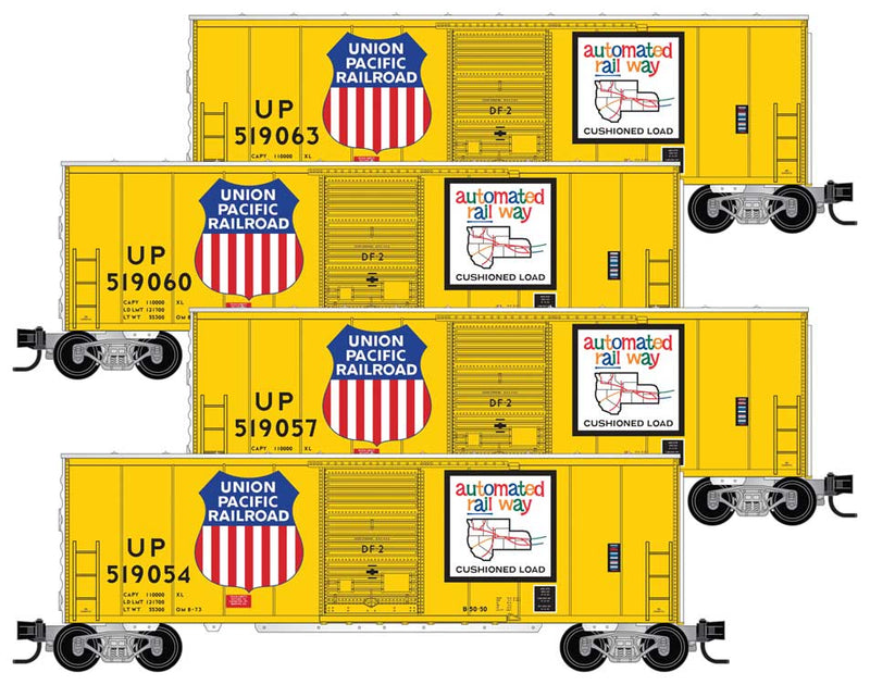 50' Boxcar, 8' Plug Door, No Roofwalk, Short Ladders 4-Pack - Ready to Run -- Union Pacific #519060, 519063, 519057, 519054 (Armour Yellow, Map)