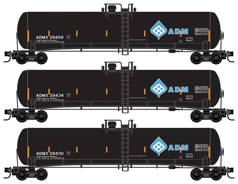 56' General-Service Tank Car 3-Pack - Ready to Run -- Archer-Daniels-Midland 29430, 39434, 39459 (black, blue, Molecule Logo, yell