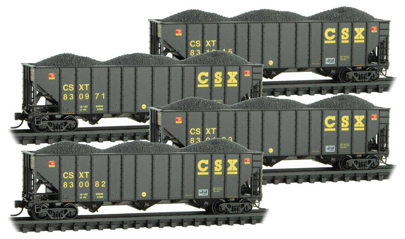 100-Ton 3-Bay Ribside Open Hopper w/Coal Load 4-Pack - Ready to Run -- CSX #830082, 830463, 830971, 831045 (black, yellow)