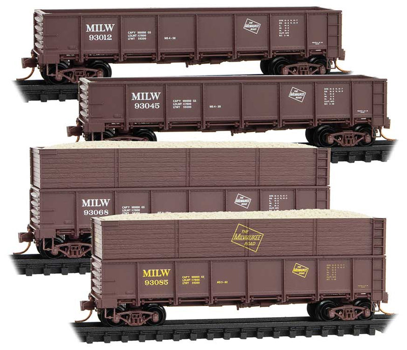 40' Drop-Bottom Gondola & Wood Chip Gondola 4 Car Set - Ready to Run -- Milwaukee Road #93012, 93045, 93068, 93085 (Boxcar Red)
