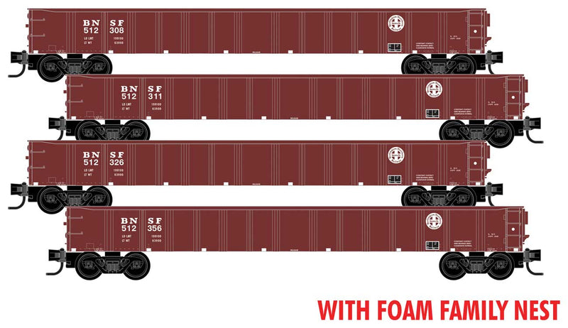 50' 15-Panel Fixed-End Gondola 4-Pack in Foam Nest - Ready to Run -- BNSF Railway #512308, 512311, 512326, 512356 (Boxcar Red, Circle/Cross Logo)