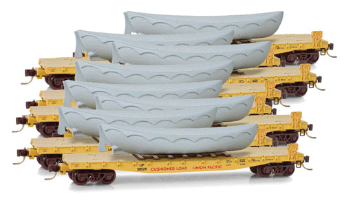 50' Fishbelly Flatcar w/Side-Mount Brake Wheel 8-Pack - Ready to Run -- With Boat Load, Union Pacific (Armour Yellow, red, gray Boats)