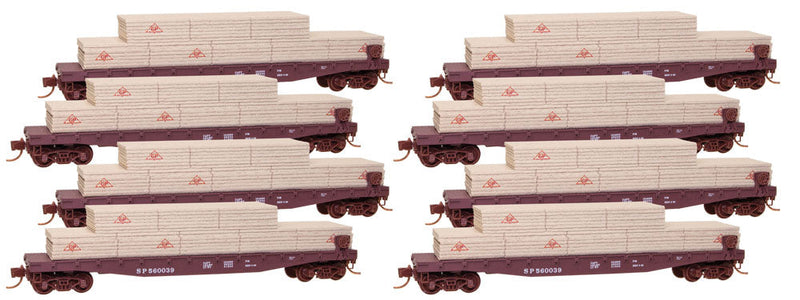50' Fishbelly-Side Flatcar w/Side-Mount Brake Wheel & Load 8-Pack - Ready to R -- Southern Pacific w/GP Printed Lumber Loads (Boxcar Red)