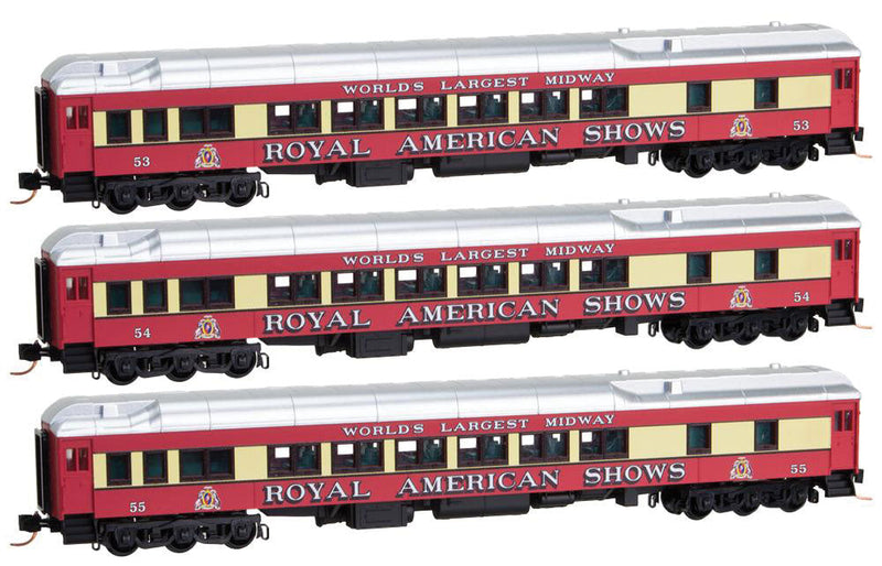 Pullman Plan #3410 Heavyweight 12-1 Sleeper 3-Pack - Ready to Run -- Royal American Shows (red, silver, yellow)