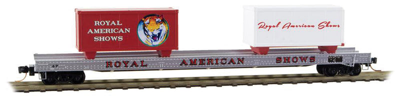 70' Warren Circus Flatcar 3-Car Runner Pack w/4 Wagons - Ready to Run -- Royal American Shows (silver, red)-1