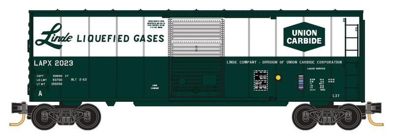 40' Single-Door Boxcar w/Internal Tank 4-Car Runner Pack - Ready to Run -- Linde Liquified Gases #2023, 2038, 2047, 2014 (green white, 1 Each of 4 Sche-1