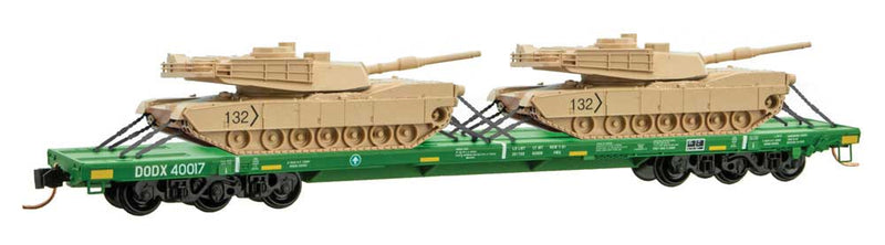 Department of Defense 6-Axle 68' Flatcar w/2 Abrams Tanks 3-Pack - Ready to Ru -- Department of Defense DODX #40017, 40059, 40034 (green, yellow)-1