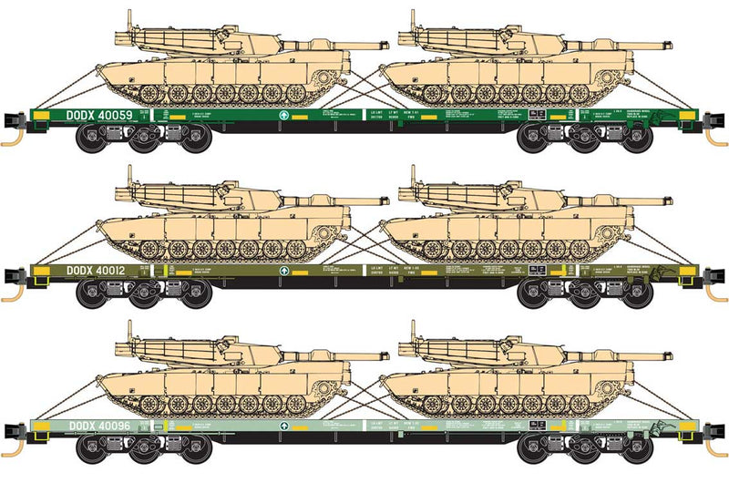 Department of Defense 6-Axle 68' Flatcar w/2 Abrams Tanks 3-Pack - Ready to Ru -- Department of Defense DODX #40012, 40096, 40043 (varied greens, yellow)