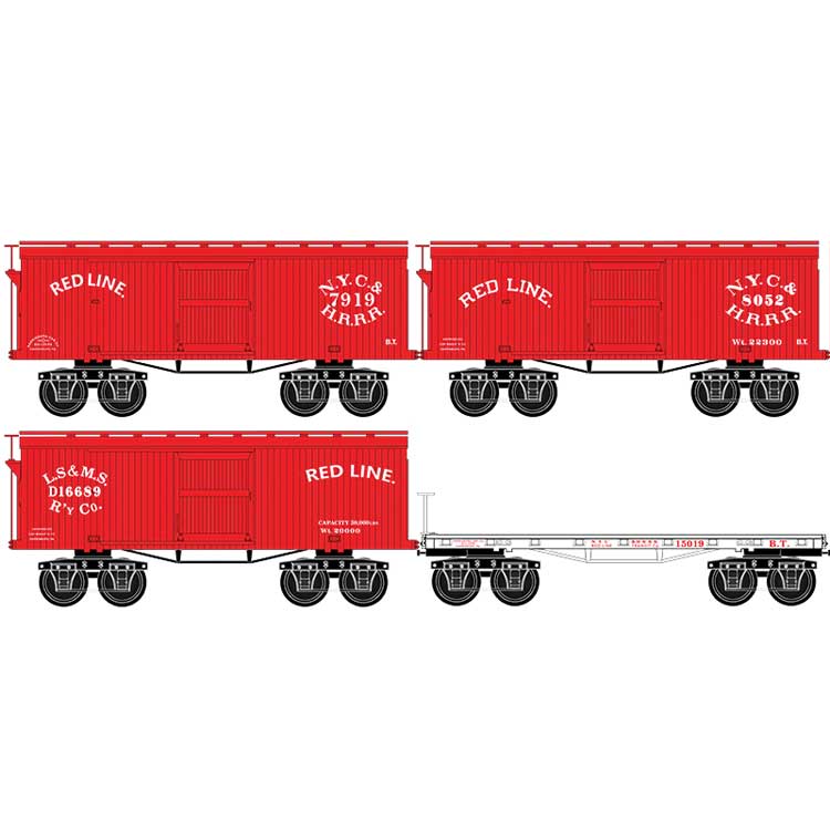 Civil War Era 3 26' Wood Boxcar and Flatcar Set - Ready to Run -- Red Line NYC&HR 7919, 8052, 15019, LS&MS 16689-1