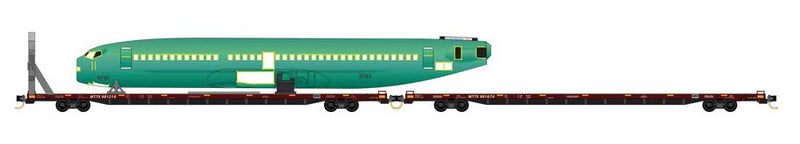 89' Flush-Deck Aircraft Fuselage Flatcar 2-Pack with 1 Load - Ready to Run -- TTX 978576, 978311 (Boxcar Red, yellow Conspicuity Markings)
