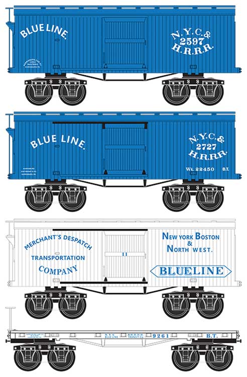 Civil War Era 3 Boxcar and 1 Flatcar Set - Ready to Run -- Blue Line (New York, Boston and Northwest RR, blue, white)